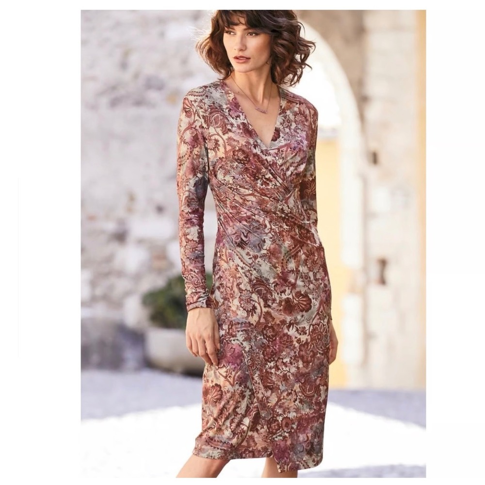 Peruvian Connection Ariana Faux Wrap Midi Dress Floral Print Draped Ruched Large